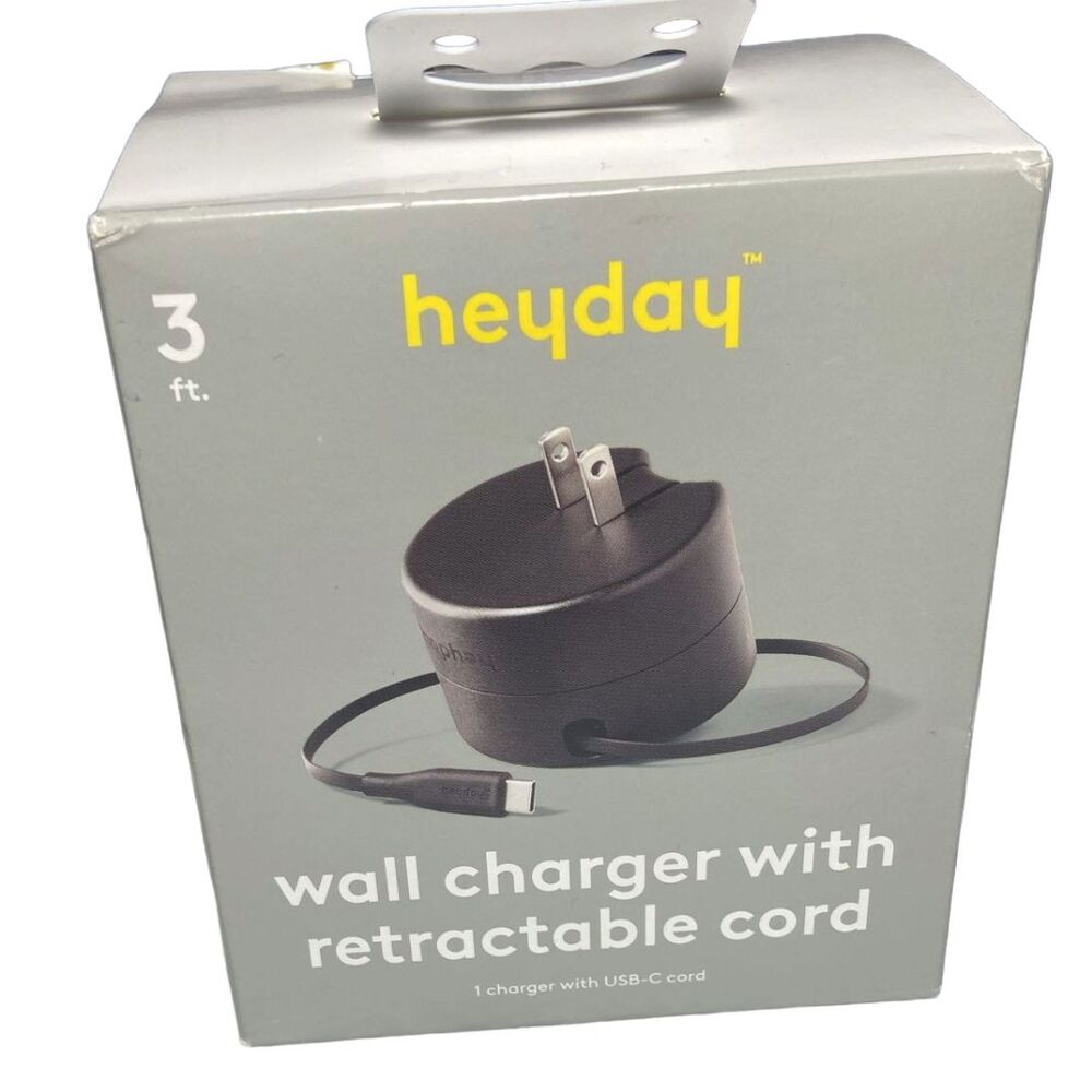 Heyday Wall Charger Retractable 3ft USB-C Cable Fast Charge Phone Tablet Black
